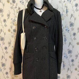 Vintage Gray Wool Blend Double Breasted Peacoat with Knit Trim